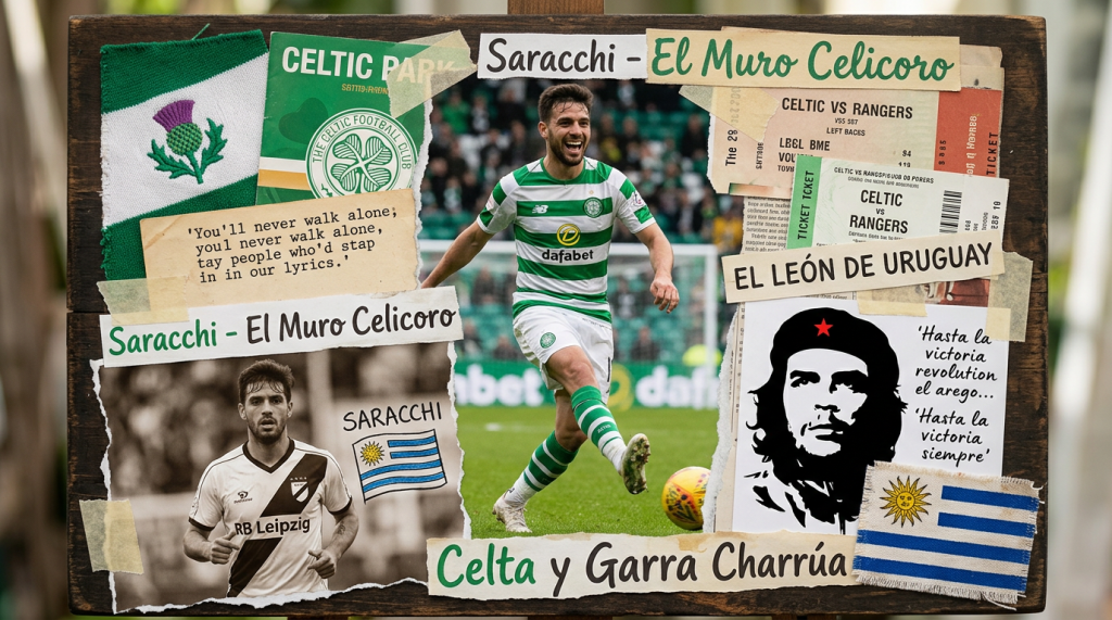Collage featuring footballer Saracchi in Celtic and RB Leipzig kits, Celtic Park references, match tickets, Uruguayan flags, and Che Guevara image with quotes.