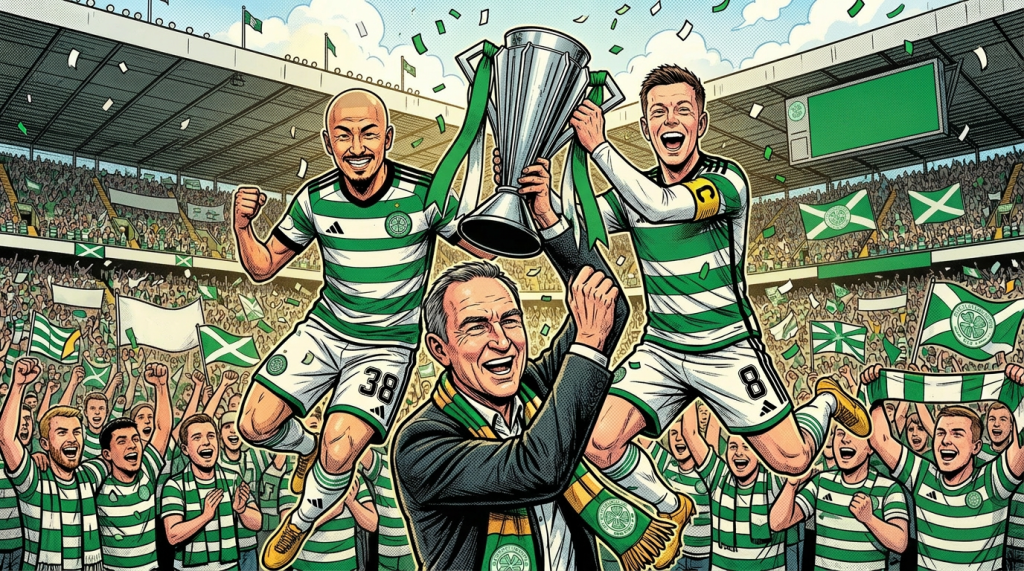 Celtic FC players and manager lifting the Scottish Premiership trophy with jubilant fans holding banners and flags