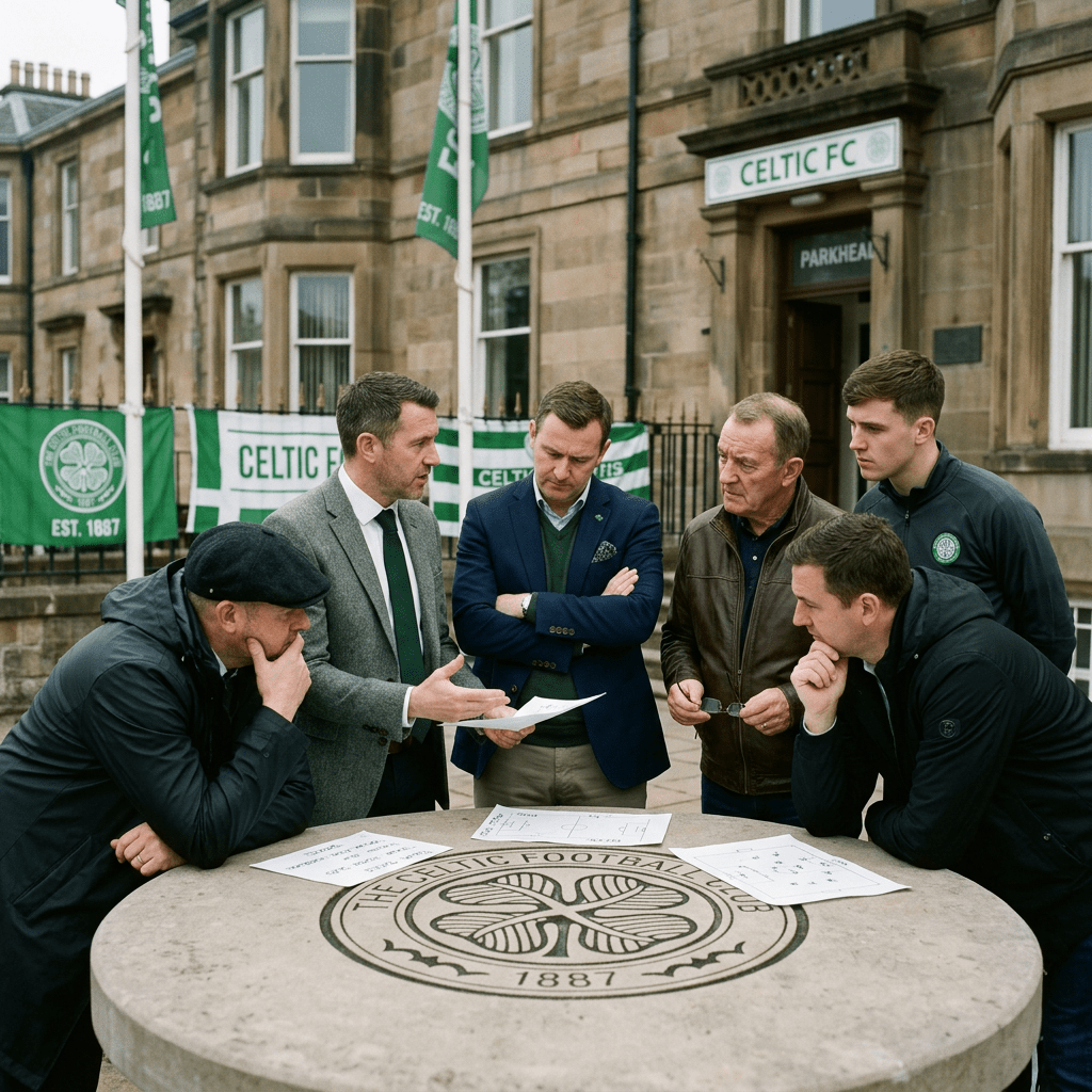 Six men standing around a stone table with Celtic Football Club emblem discussing football tactics and plans